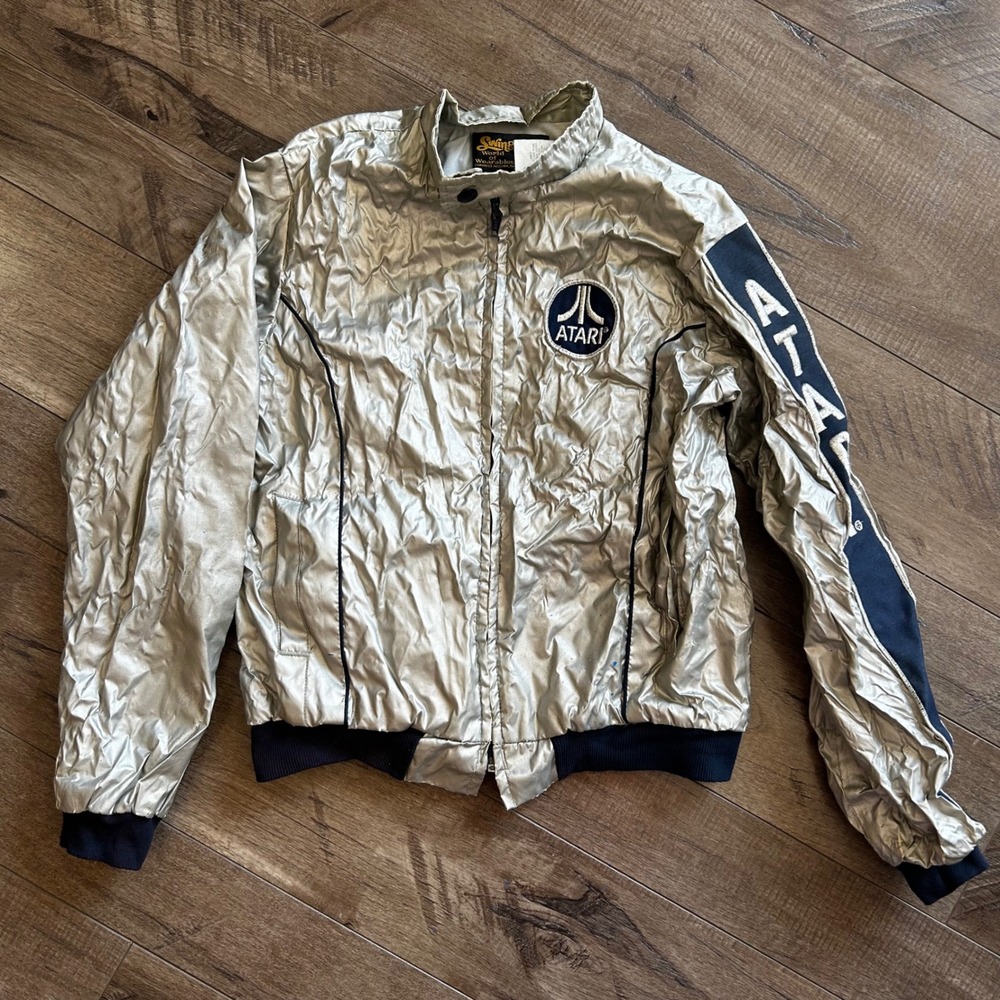 Vintage 1980s Atari Swingster Metallic Silver Windbreaker Jacket Kids Youth L